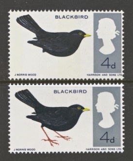 1966 Birds 4d Blackbird phosphor SG 698pj with Reddish Brown omitted Cat £175